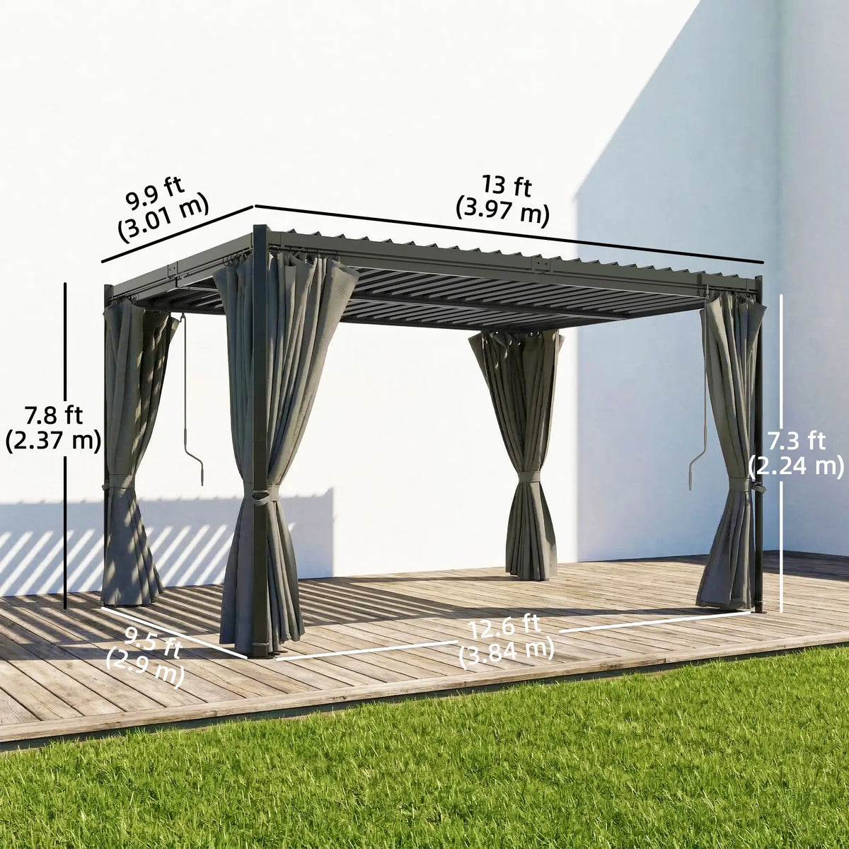 10 x 13 Ft Louvered Pergola With Steel Roof, Curtains, Grey Pergolas at Gallery Canada