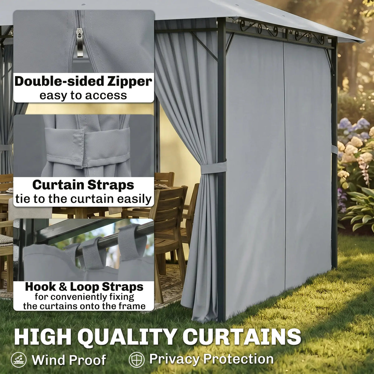 13L x 10W x 8.7H Patio Gazebo, 2-Tier Canopy with Curtains, Grey Gazebos at Gallery Canada