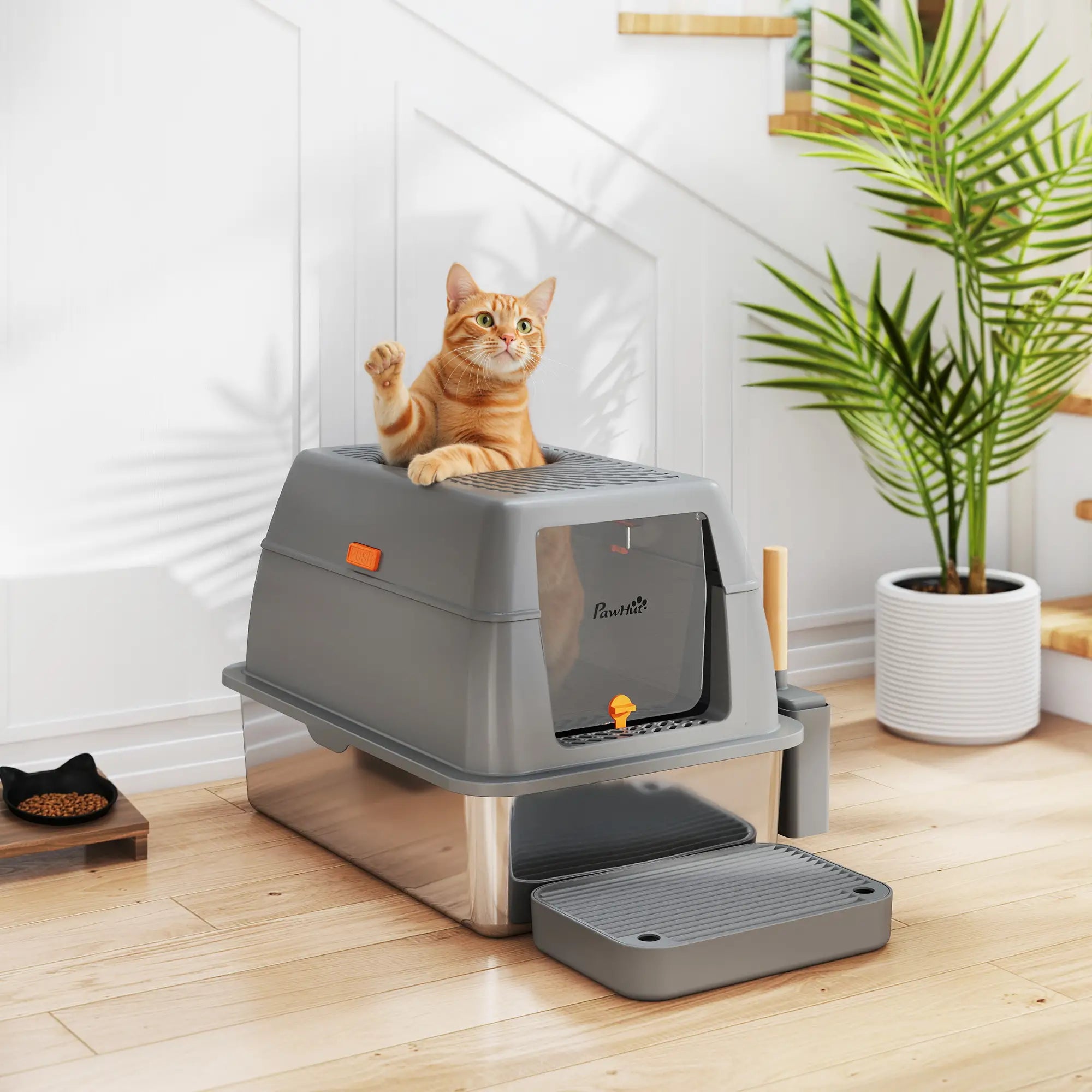 XL Stainless Steel Cat Litter Box, 80L with Front Top Entry, Trapping Step, Scoop, for Large Cats Cat Litter Box Enclosures at Gallery Canada