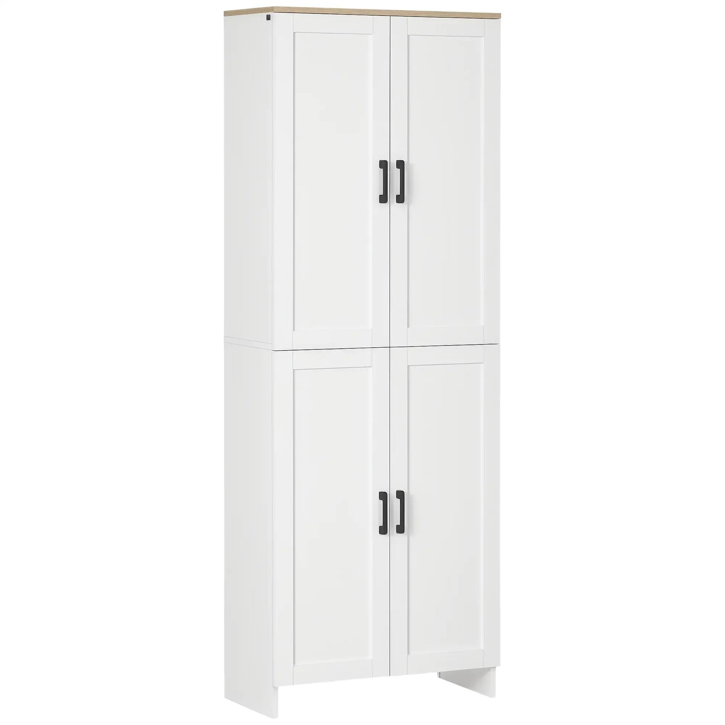 67" 4-Door Kitchen Pantry Cabinet, Freestanding, Adjustable Shelves, White Kitchen Pantry Cabinets White and Natural Wood Effect Top at Gallery Canada