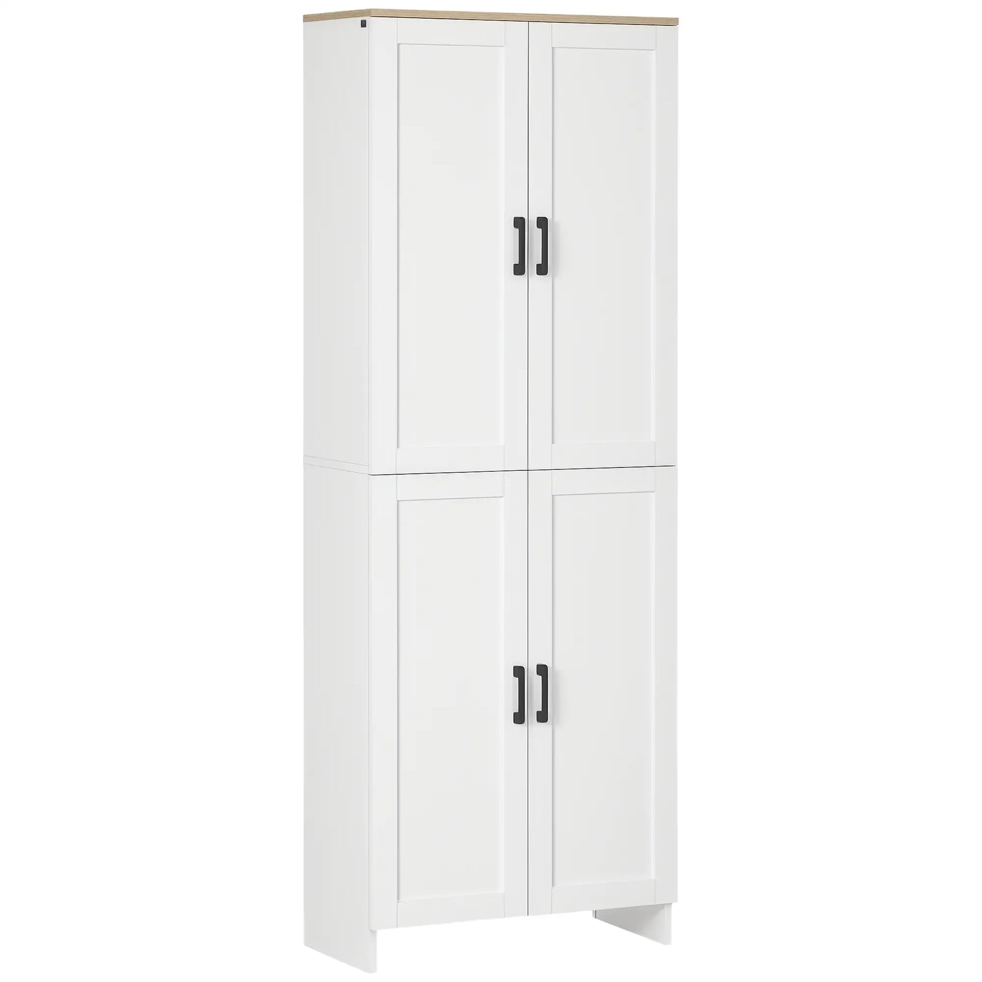 67" 4-Door Kitchen Pantry Cabinet, Freestanding, Adjustable Shelves, White Kitchen Pantry Cabinets White and Natural Wood Effect Top at Gallery Canada