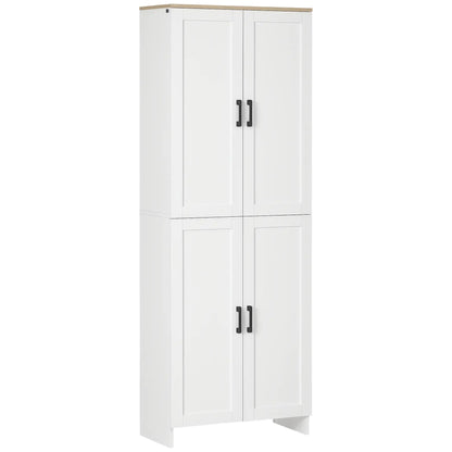 67" 4-Door Kitchen Pantry Cabinet, Freestanding, Adjustable Shelves, White Kitchen Pantry Cabinets White and Natural Wood Effect Top at Gallery Canada
