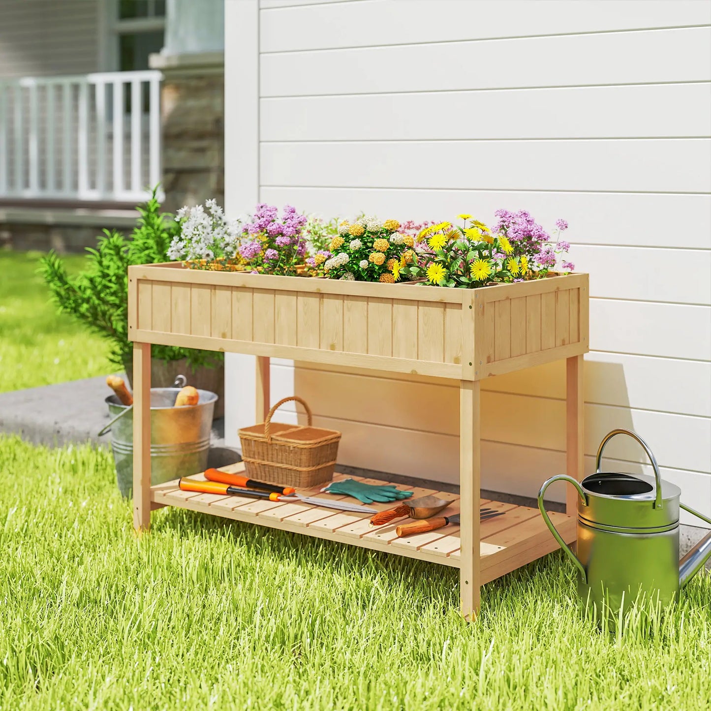 43.25" x 18" x 30" Raised Garden Bed, Wooden Plant Stand, 8 Grid Box, Natural Wood Elevated Garden Beds at Gallery Canada