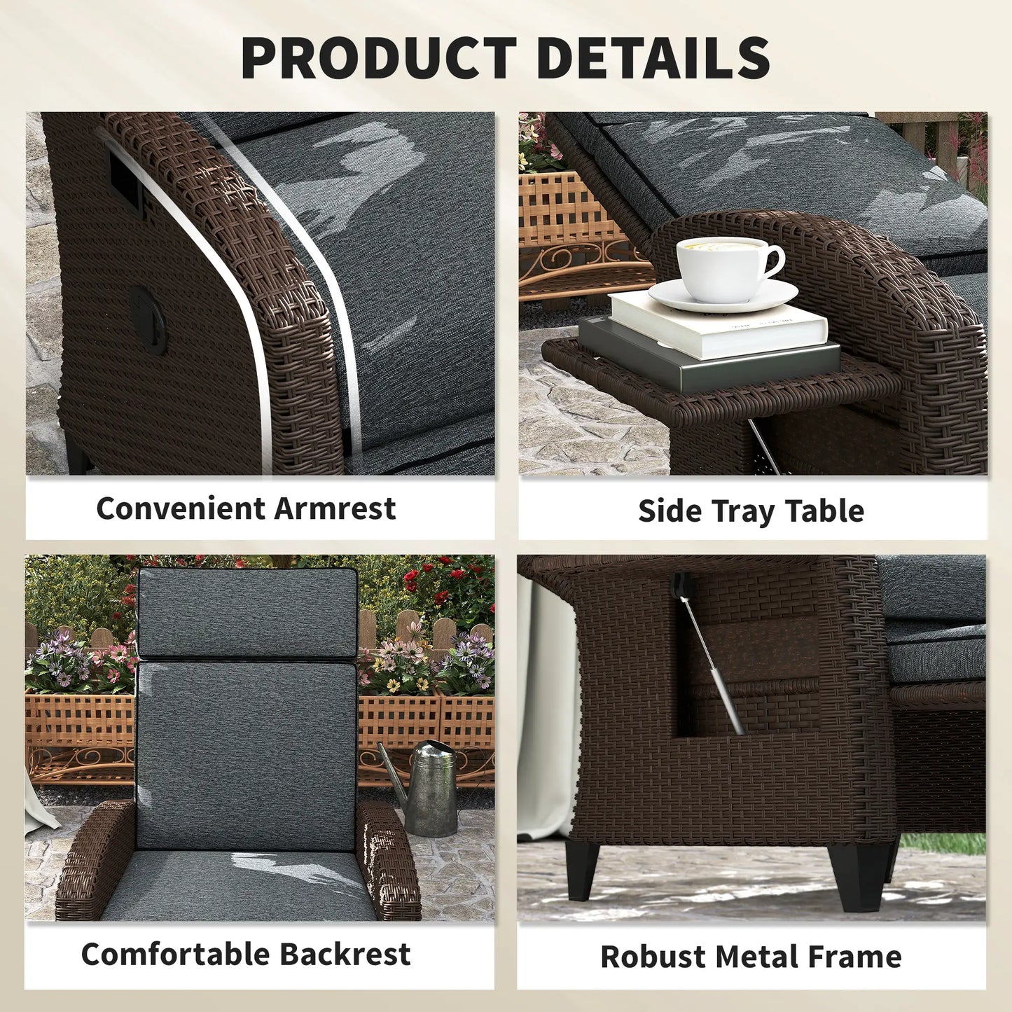 Outdoor Recliner Chair, Adjustable Backrest, Cushion, Side Tray, Dark Grey Wicker Chaise Loungers at Gallery Canada