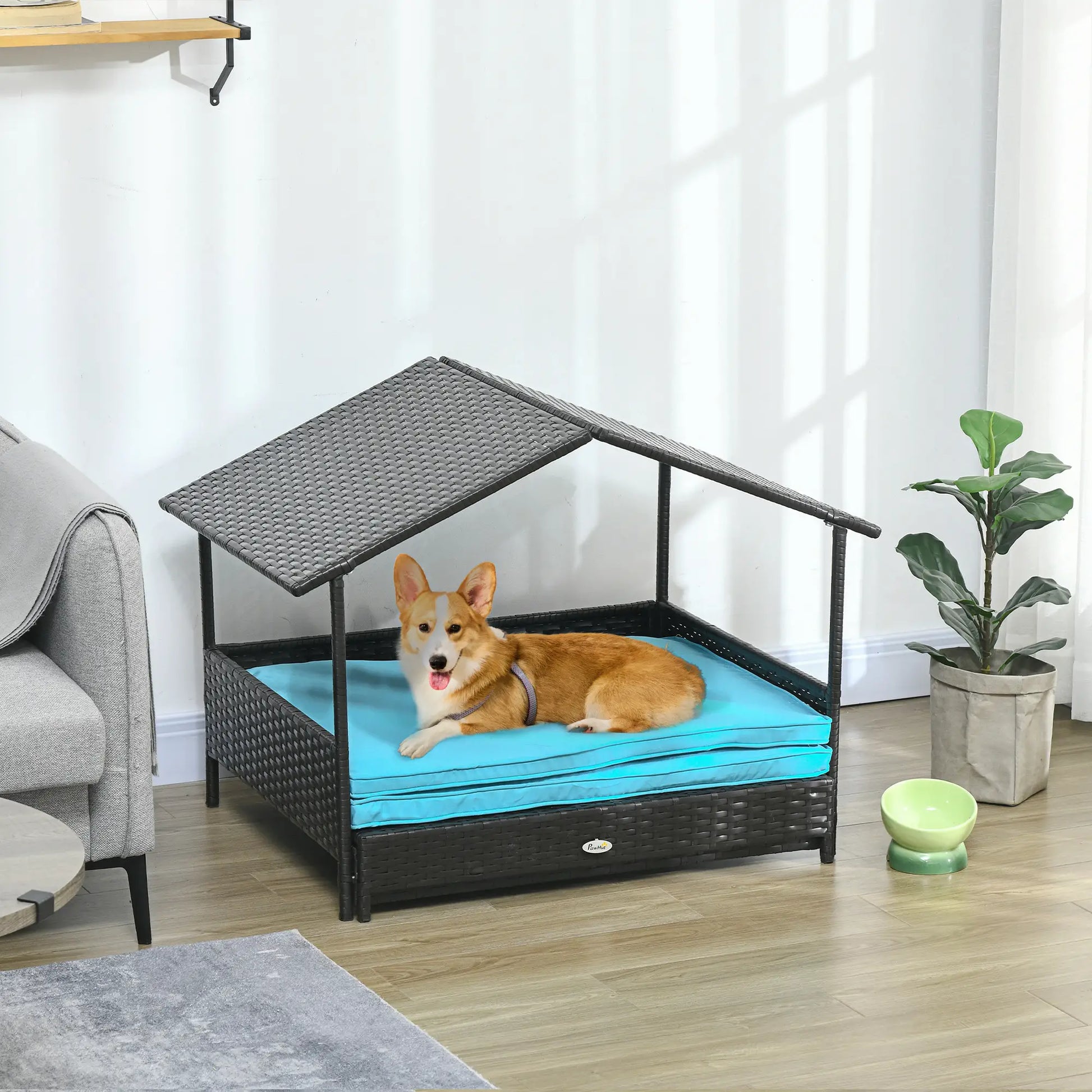 Extendable Wicker Dog Bed, Soft Cushion Washable Cover, Small Medium Dogs, Blue Houses, Kennels & Pens at Gallery Canada