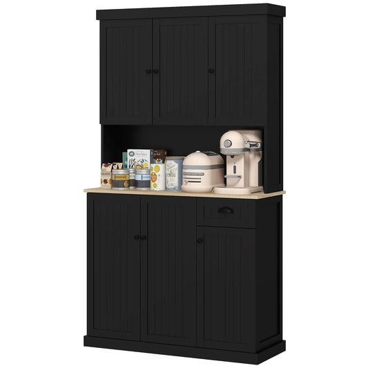 71 Inch Kitchen Pantry Buffet Hutch Cabinet Microwave Stand, Black Kitchen Pantry Cabinets Black, Oak at Gallery Canada