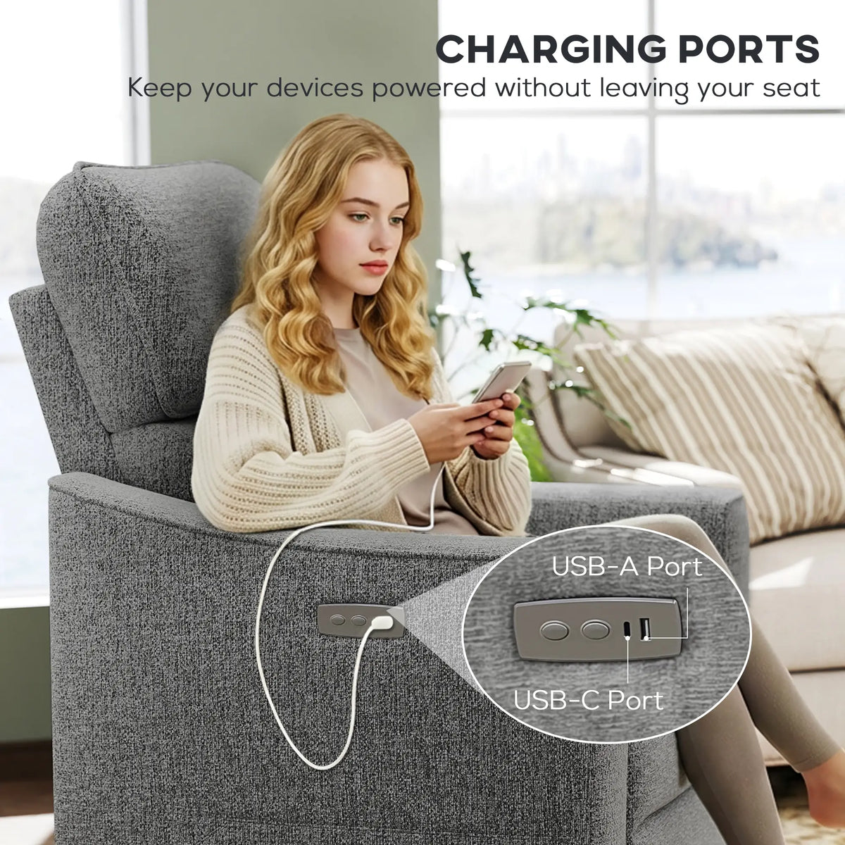 Power Recliner Chair, Linen-Look Fabric, USB Ports, Footrest, Dark Grey Sofas & Reclining Chairs at Gallery Canada