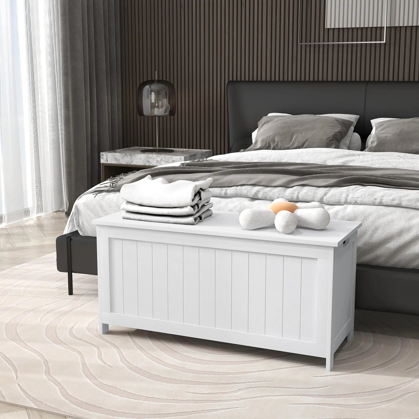 White Storage Trunk with Safety Hinges, Entryway Bench, Side Handles, White Storage Ottomans & Benches at Gallery Canada