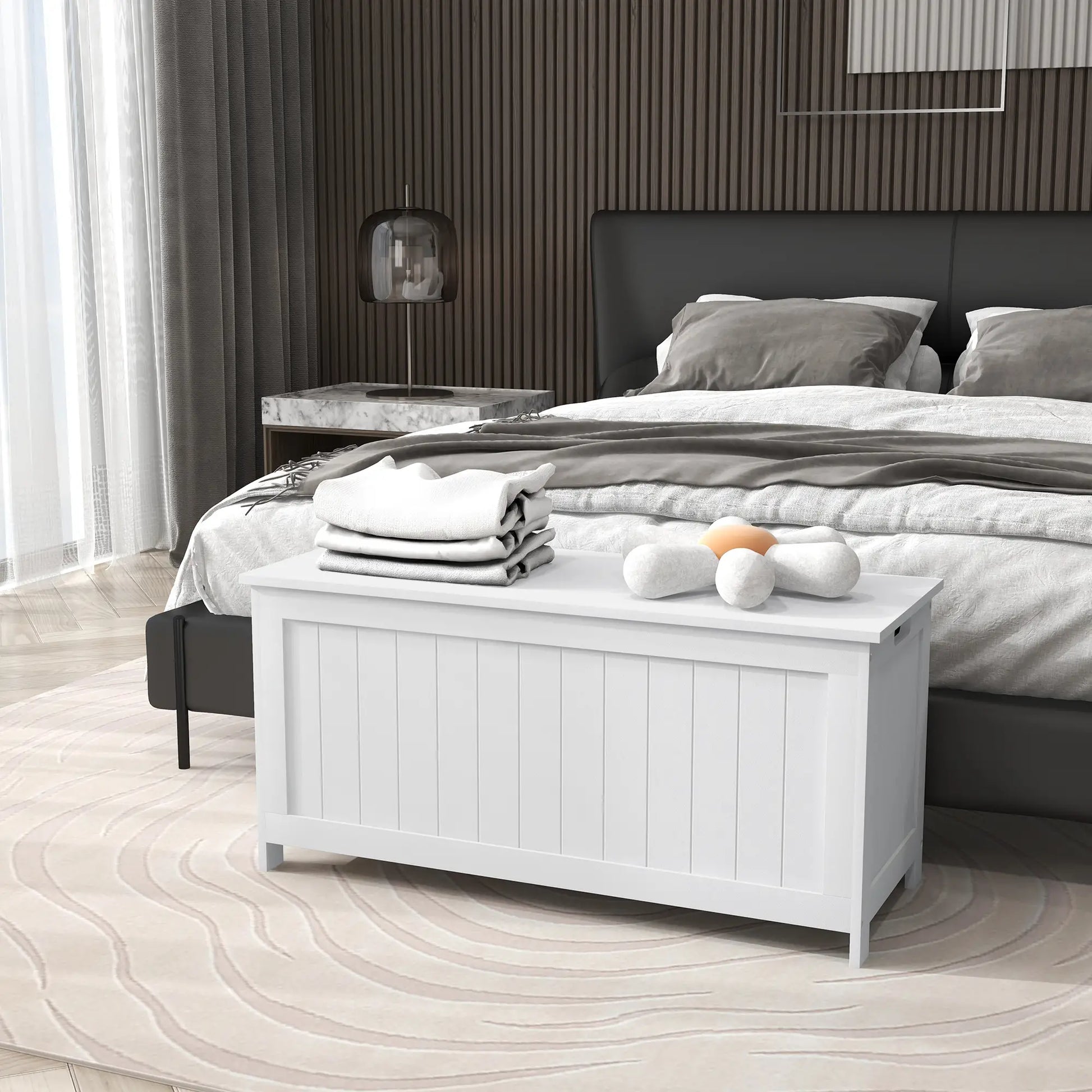 White Storage Trunk with Safety Hinges, Entryway Bench, Side Handles, White Storage Ottomans & Benches at Gallery Canada