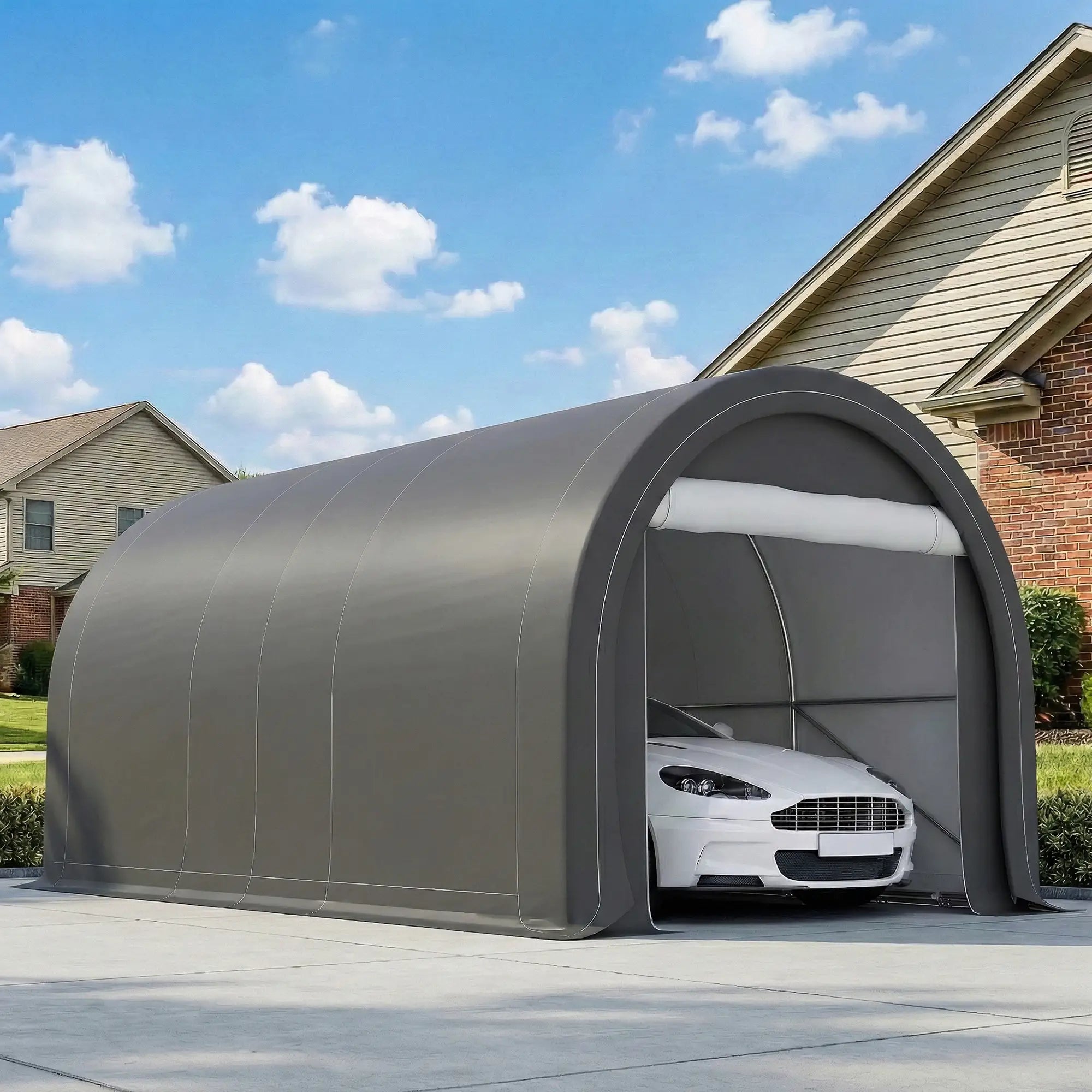 10' x 16' Heavy Duty Carport Tent, Zippered Door, PE Cover, Grey Car Shelters at Gallery Canada