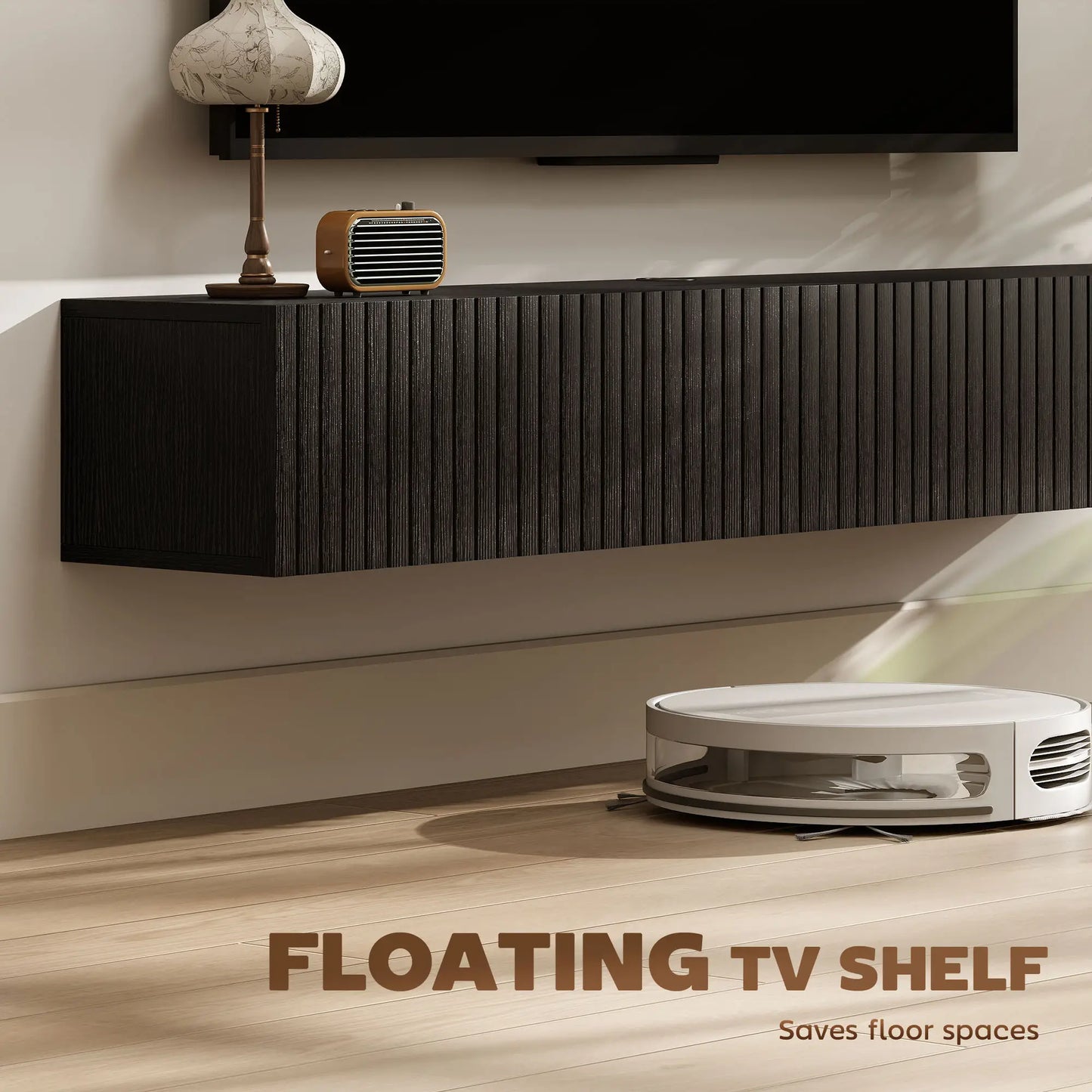 55 Inch Floating TV Stand, Wall Mount Media Console, 2 Fluted Doors, Black TV Stands at Gallery Canada