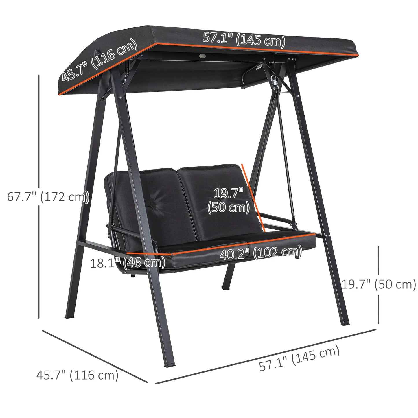 2-Seater Outdoor Porch Swing, Adjustable Canopy, Black Patio Swings with Stand at Gallery Canada