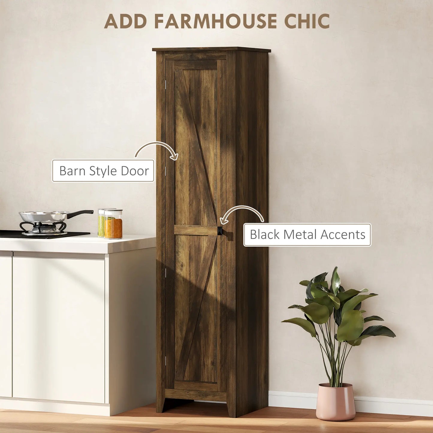 67" Farmhouse Kitchen Pantry Cabinet, Adjustable Shelves, Brown Kitchen Pantry Cabinets at Gallery Canada