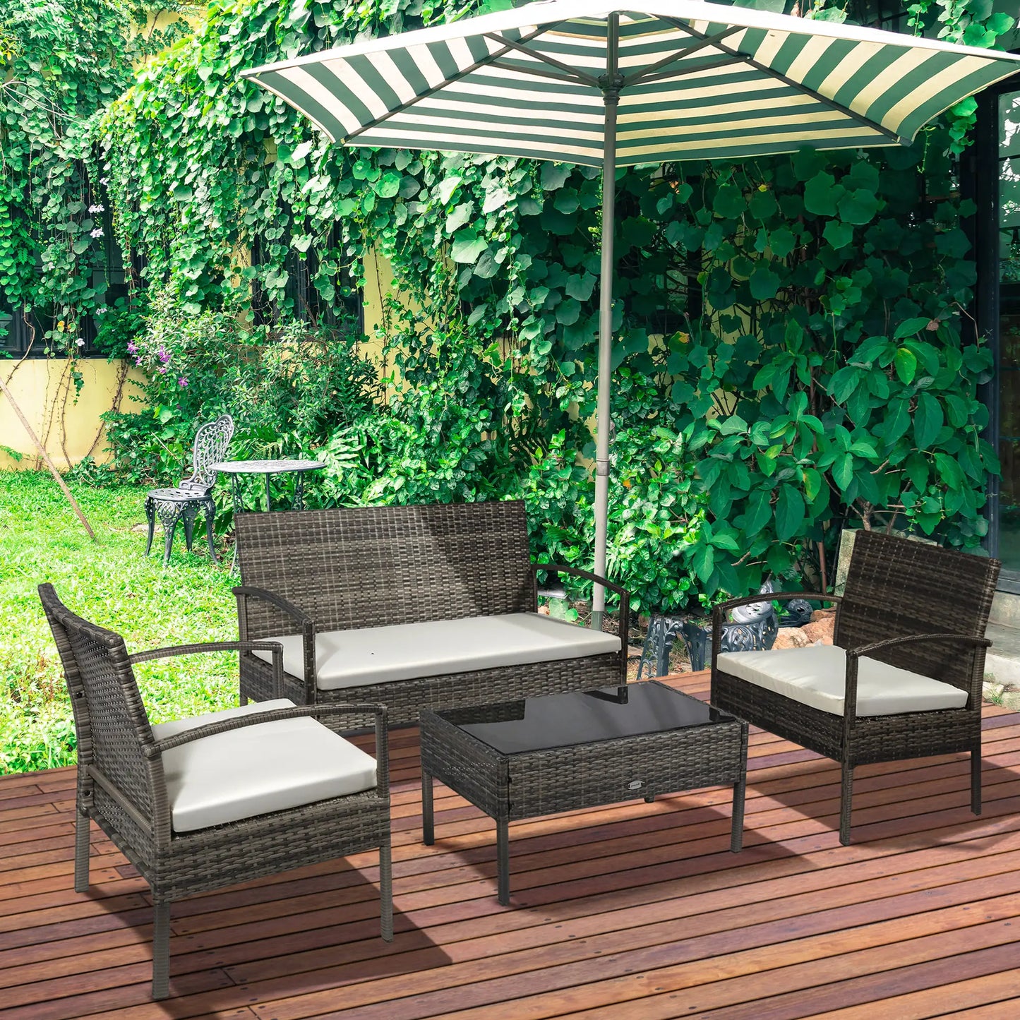 4-Piece Patio Set, Loveseat, 2 Armchairs, Coffee Table, PE Rattan, Cushions, Grey, Cream Patio Furniture Sets at Gallery Canada