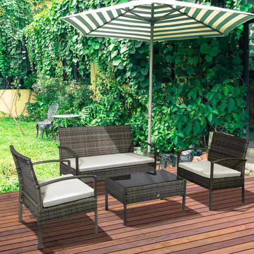 4-Piece Patio Set, Loveseat, 2 Armchairs, Coffee Table, PE Rattan, Cushions, Grey, Cream