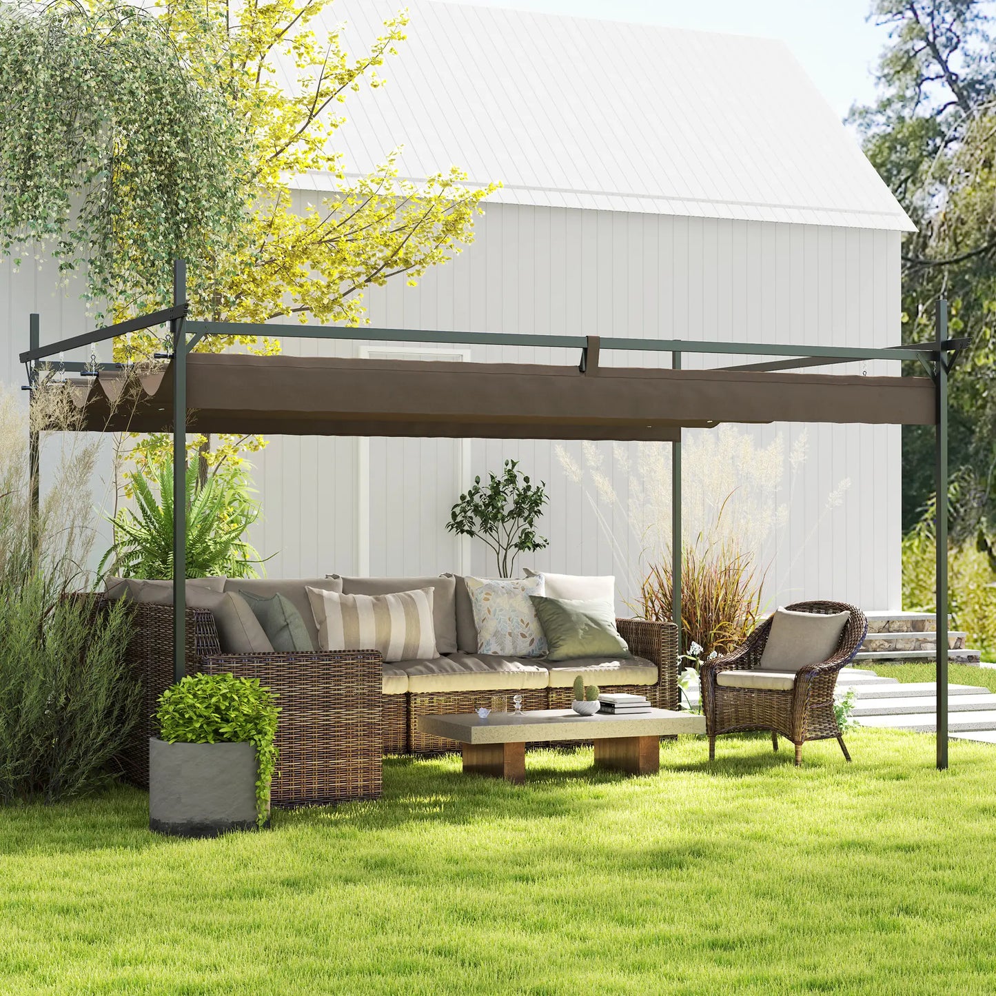 10' x 10' Brown Gazebo, UPF30+ Retractable Canopy, Metal Pergola Kit, Brown Pergolas at Gallery Canada