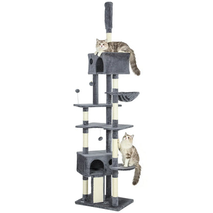 Floor To Ceiling Cat Tree, 230-250cm, 2 Condos, Hammock, Sisal Posts, Dark Grey