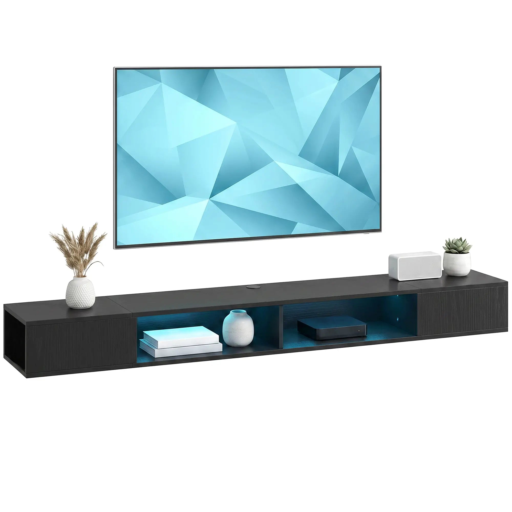 TV Stand with RGB LED Lights, Entertainment Center with Open Shelves for 75 Inch TV, Black Wood Grain TV Stands at Gallery Canada