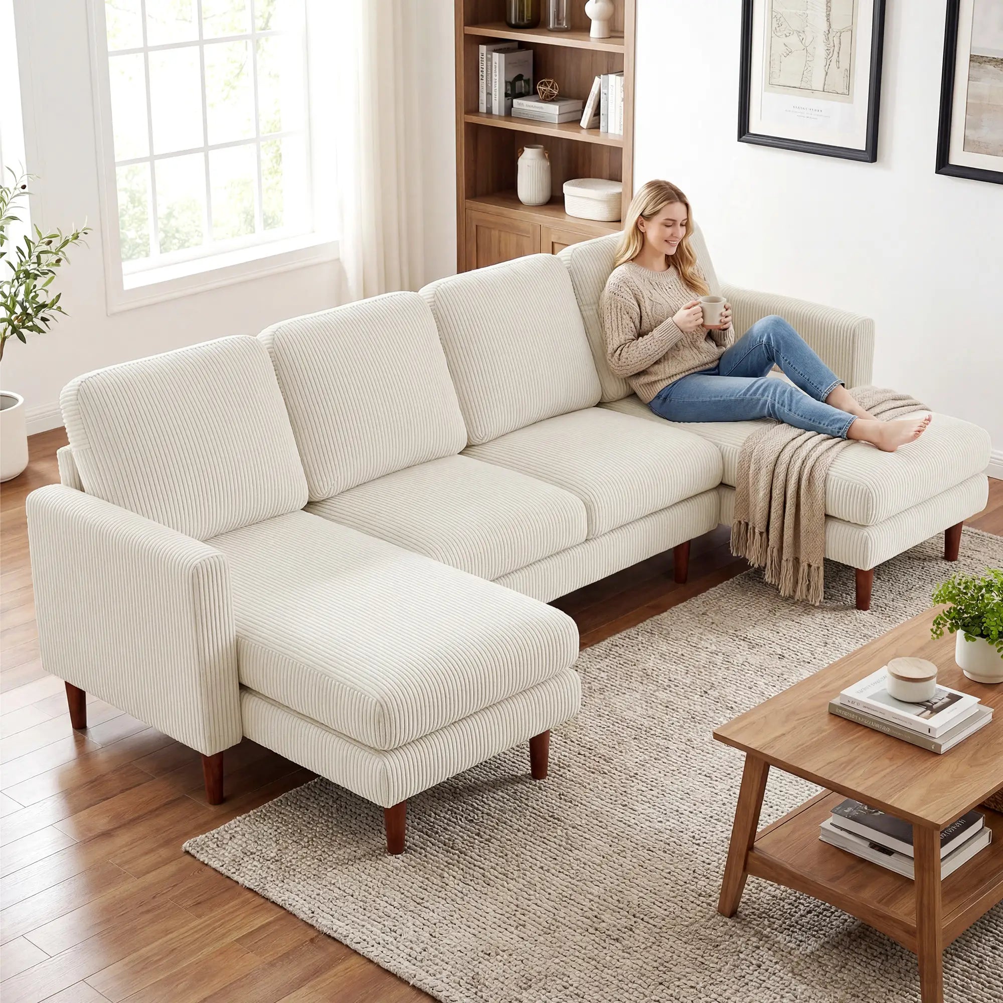 U Shaped Sectional Sofa, Corduroy, Double Chaise, Spring Cushions, 2200lb, Beige 3-Seater Sofas at Gallery Canada
