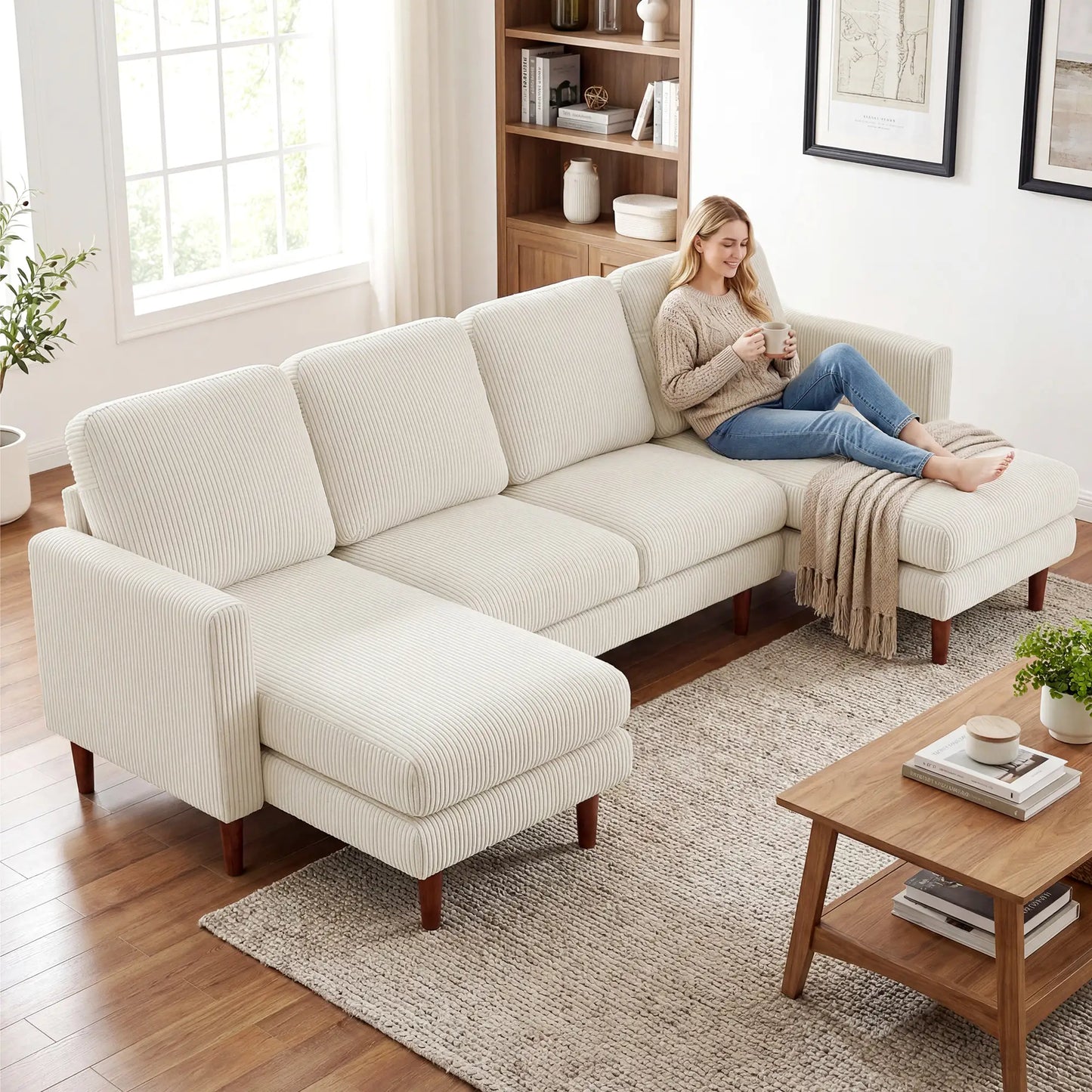 U Shaped Sectional Sofa, Corduroy, Double Chaise, Spring Cushions, 2200lb, Beige 3-Seater Sofas at Gallery Canada