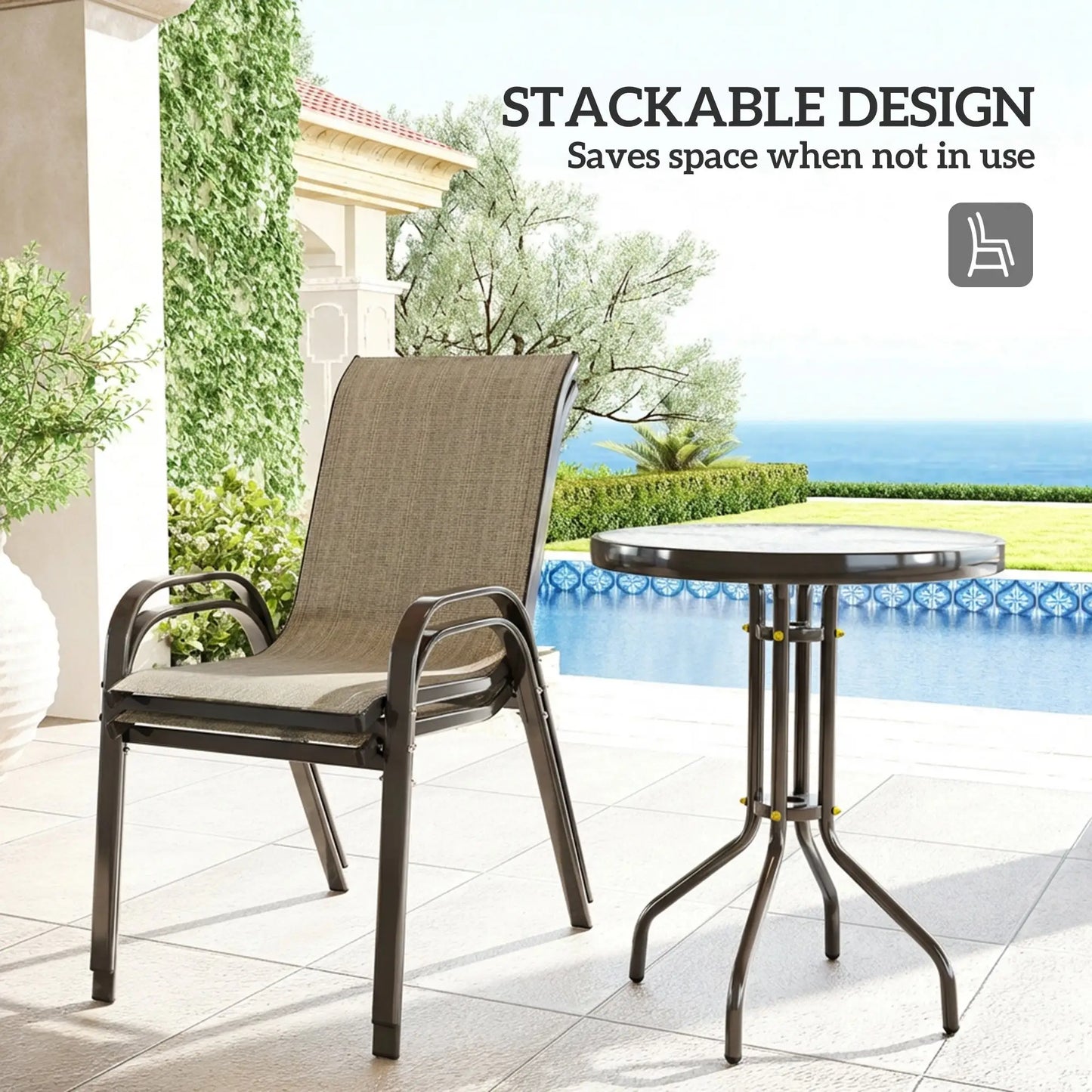 3 Piece Bistro Set with Mesh Chairs, Glass Table, Light Mixed Brown Bistro Sets at Gallery Canada