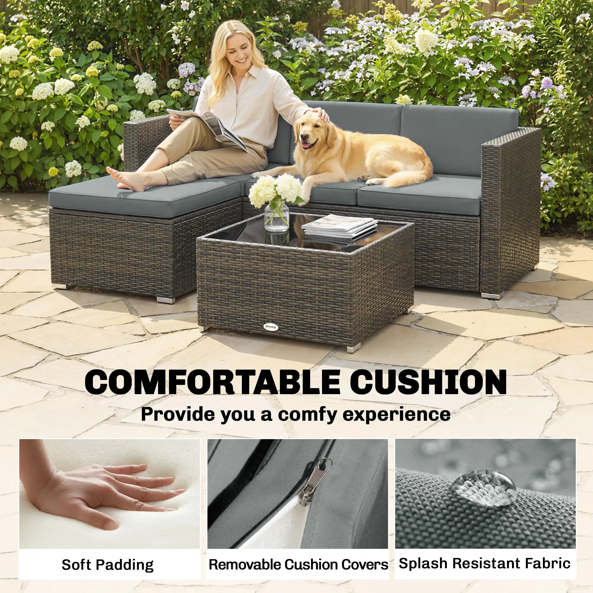 3 Piece Patio Furniture Set With Cushions, Outdoor PE Rattan Wicker, Dark Grey Patio Furniture Sets at Gallery Canada