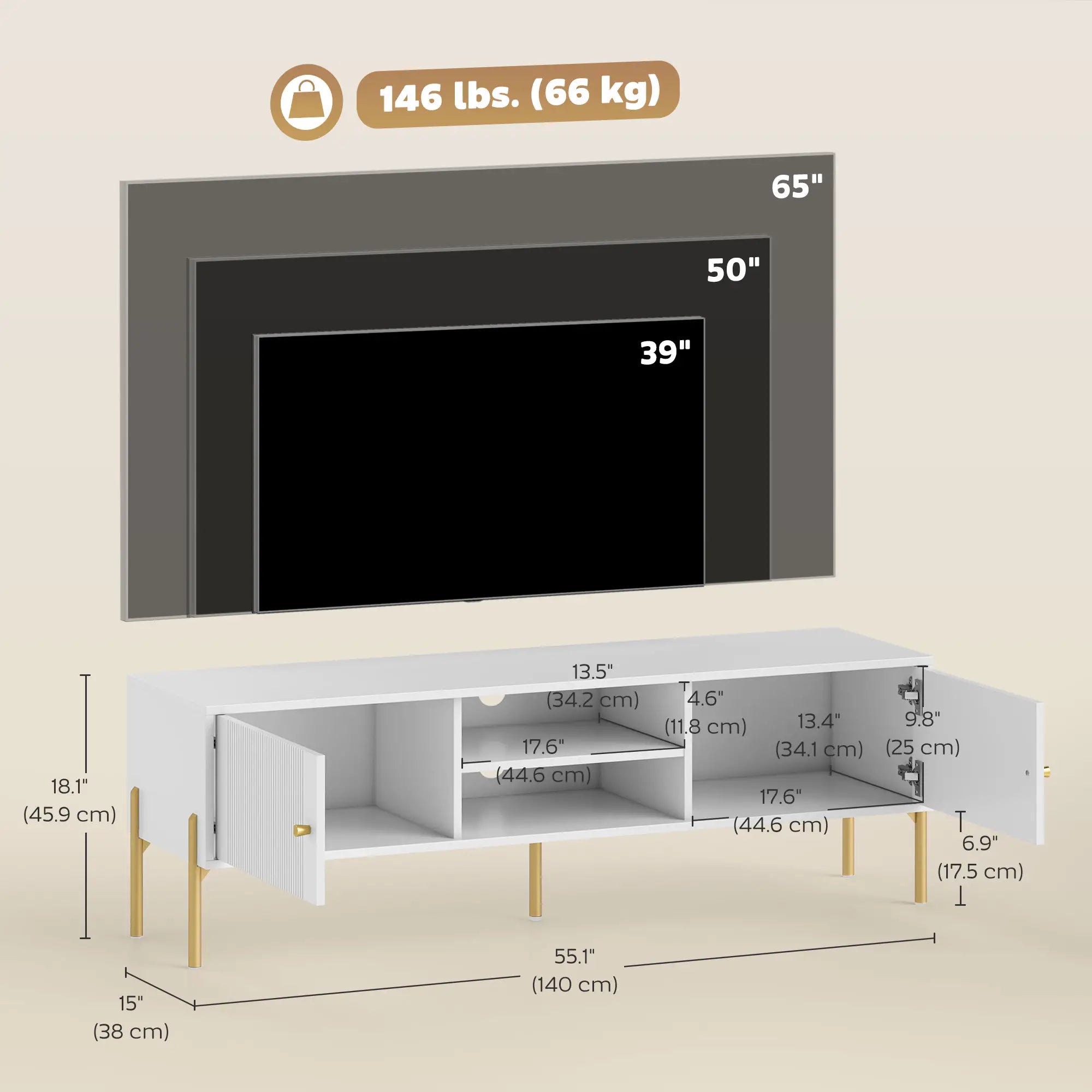 TV Stand for 65 Inch TVs, Entertainment Center with Shelves and Cabinets, White TV Stands at Gallery Canada