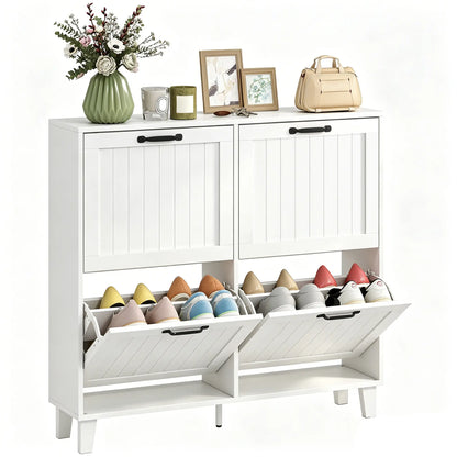 Shoe Cabinet with 4 Flip Drawers, Freestanding Narrow Shoe Storage Cabinet with Adjustable Shelves, Open Back, White