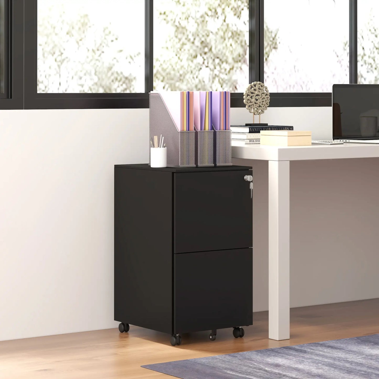 2-Drawer Steel Filing Cabinet on Wheels, Lockable, Adjustable Hanging Bar, Black Office Cabinets & Cupboards at Gallery Canada
