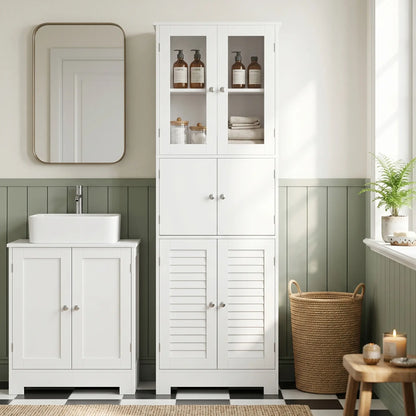 Freestanding Bathroom Cabinet, Glass Louvred Doors, Tall for Kitchen, Study Bathroom Cabinets at Gallery Canada