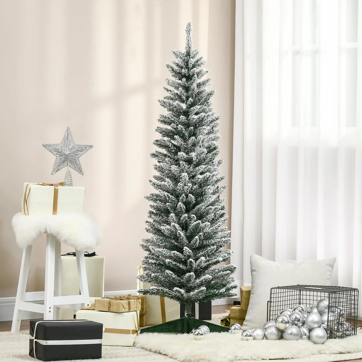 5ft Pencil Artificial Christmas Tree, Snow Flocked Branches, Green Artificial Christmas Trees at Gallery Canada