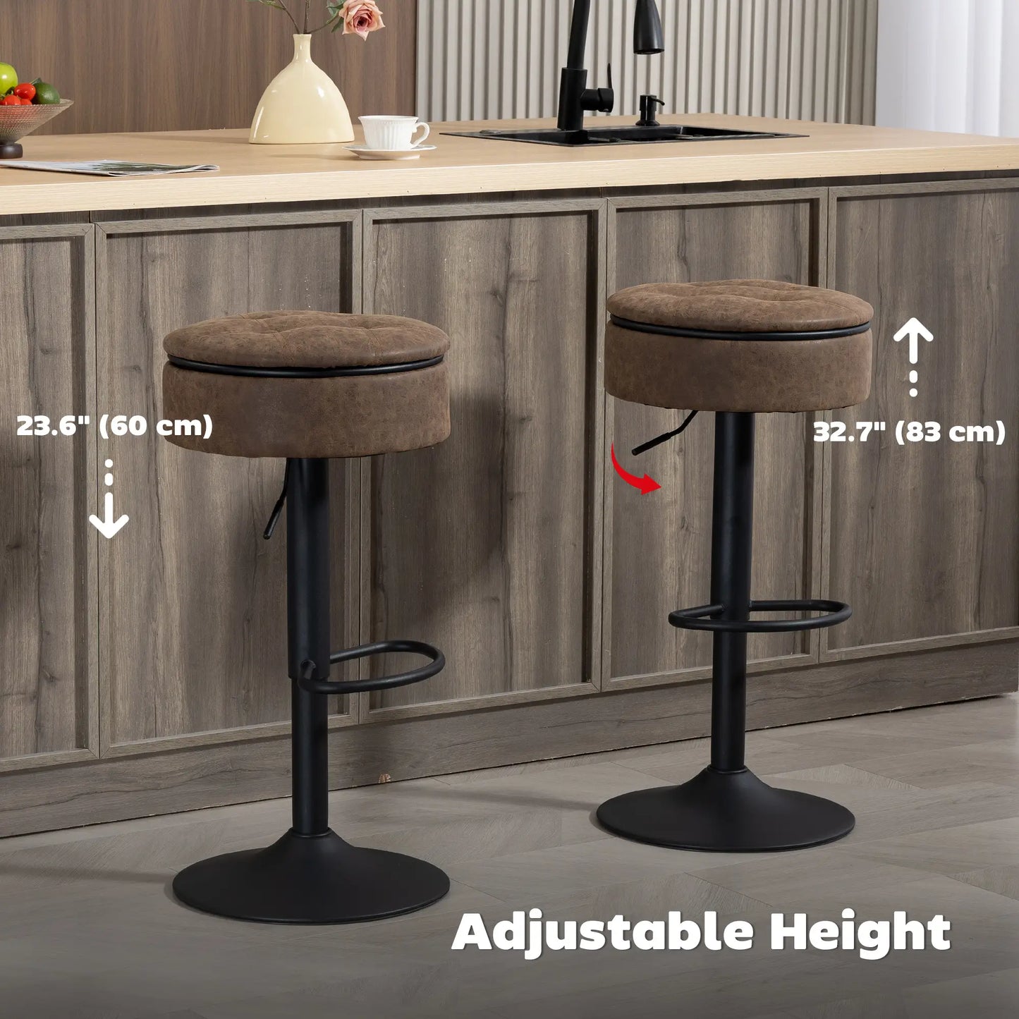 Set of 2 Barstools with Storage, Swivel, PU Leather, Footrest, Steel Base, Brown Bar Stools at Gallery Canada
