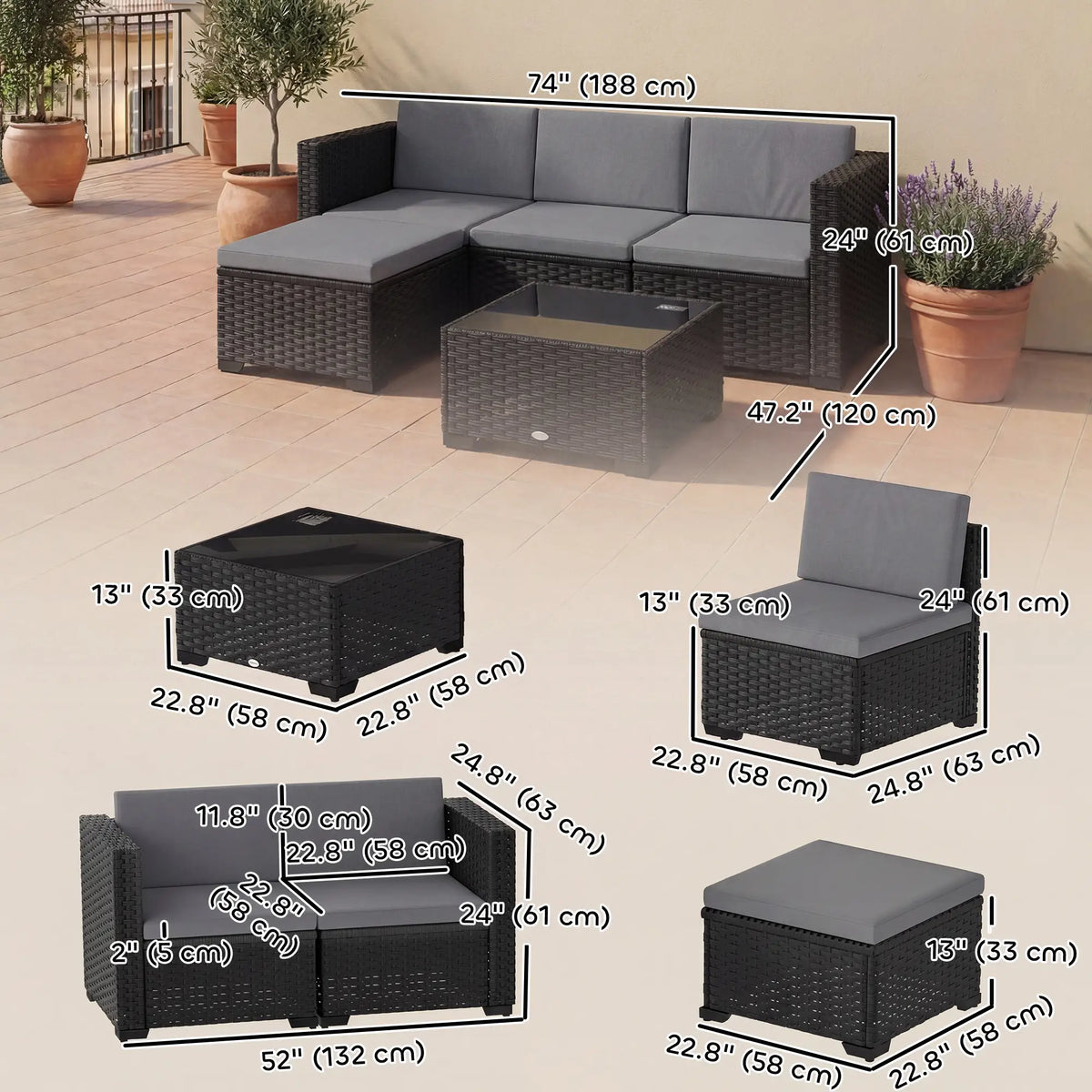 5 Piece Patio Furniture Set, L-Shape Sectional, Grey Patio Furniture Sets at Gallery Canada