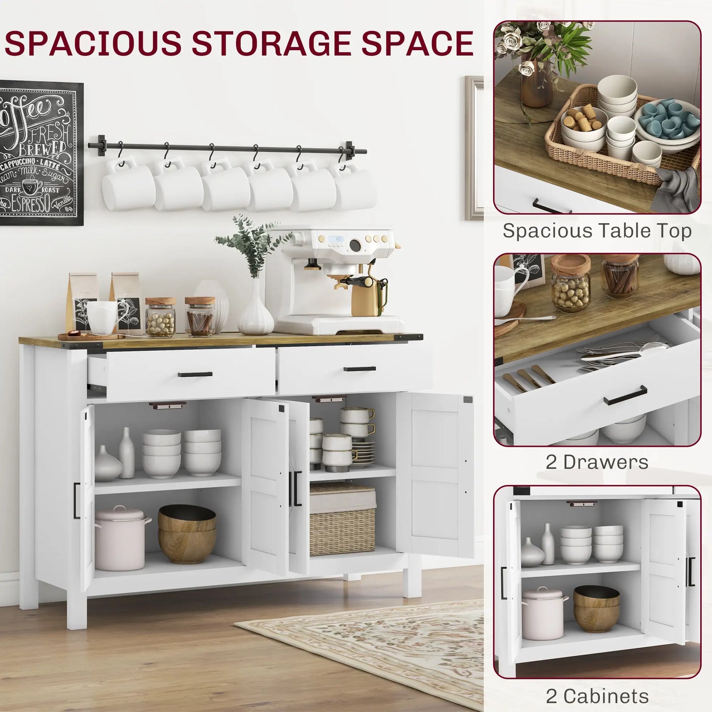 Farmhouse Buffet Cabinet, 2 Drawers, 2 Cabinets, Adjustable Shelves, White Bar Cabinets at Gallery Canada