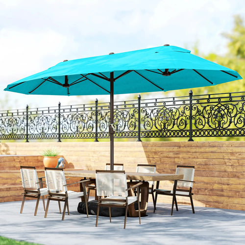 15' Outdoor Patio Umbrella, Twin Canopy Sunshade, Steel Table, Light Blue