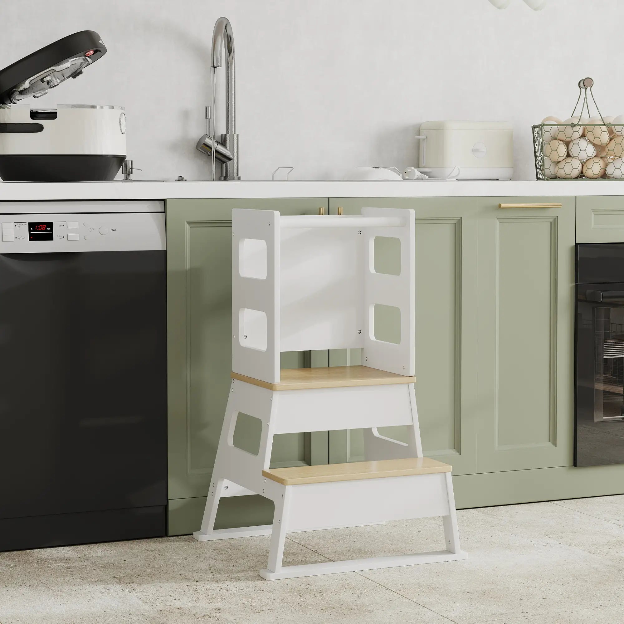 2 in 1 Toddler Tower with Chalkboard, Safety Rail, White Toddler & Kids Step Stools at Gallery Canada