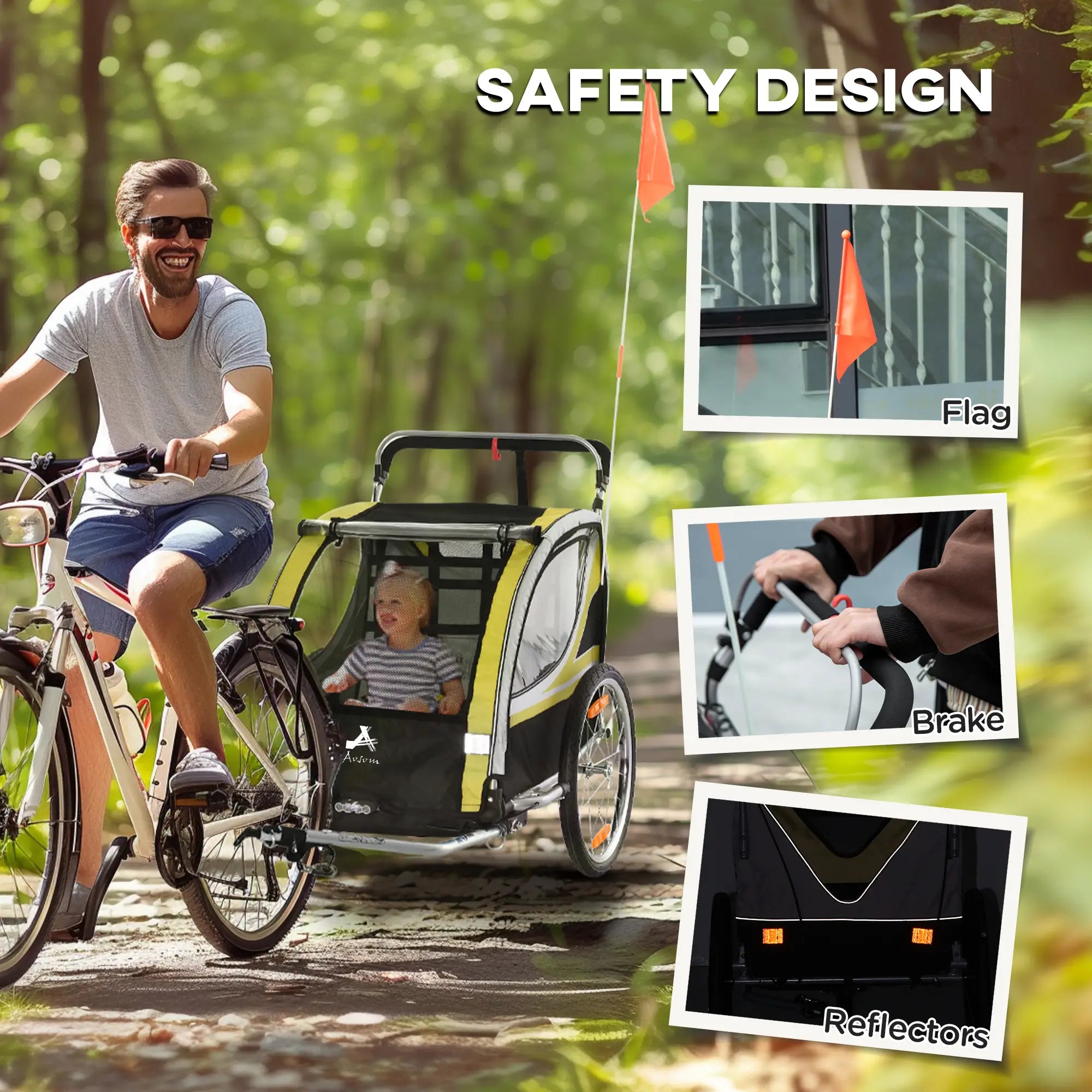 2 Seat Bike Trailer, Kids Jogging Stroller, Handbrake, Yellow Kids Bike Trailers at Gallery Canada