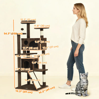 54" Cat Tree, Multi-Level Tower With Scratching Posts, Light Brown