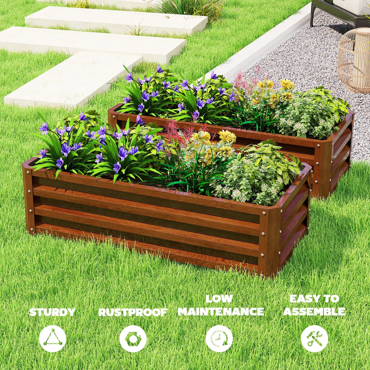 Galvanized Raised Garden Beds, Set of 2, Wood Effect, Brown Galvanized Planter Boxes at Gallery Canada
