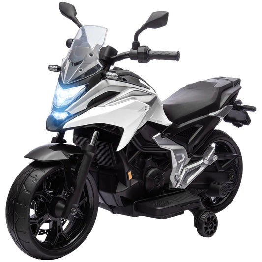12V Ride on Motorbike for Kids, with Headlights Music Training Wheels, White Electric Motorcycles White at Gallery Canada
