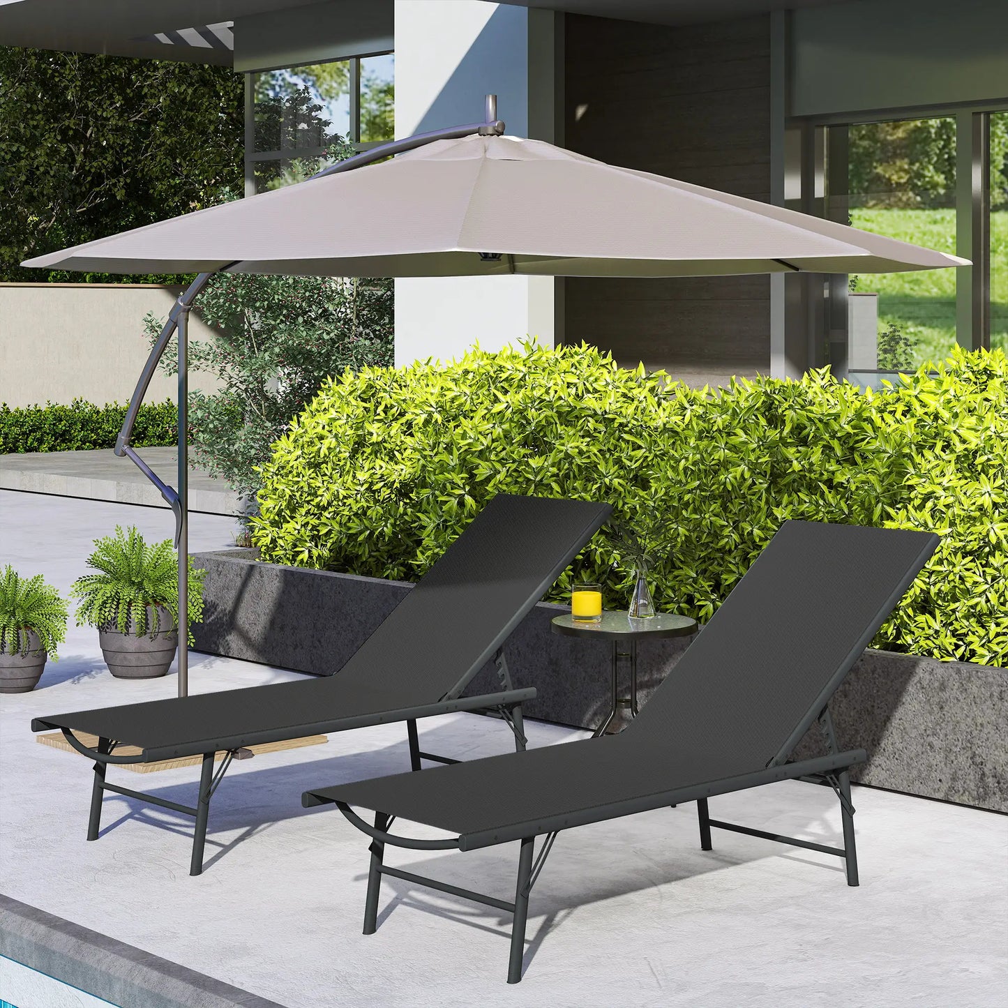 Folding Outdoor Lounge Chairs, 2 Pieces, Adjustable Back, Mesh Seat, Black