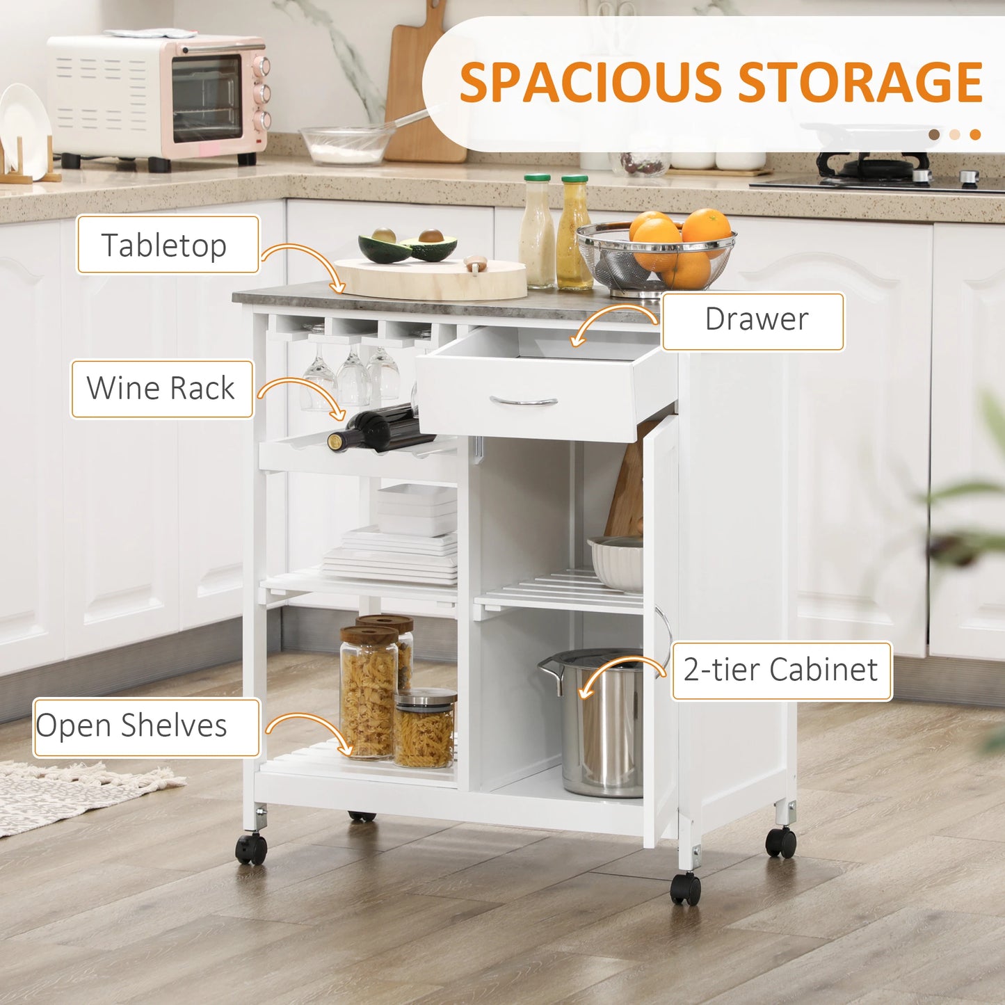 Rolling Kitchen Cart, Bar Cart with Wine Rack, Drawer, Shelves, White Kitchen Islands & Kitchen Carts at Gallery Canada