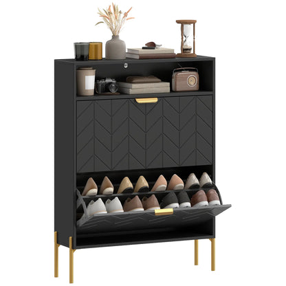 Narrow Shoe Cabinet, 2 Flip Drawers, Adjustable Shelves, Open Compartment, Black Shoe Storage Cabinets & Racks Black, Gold at Gallery Canada