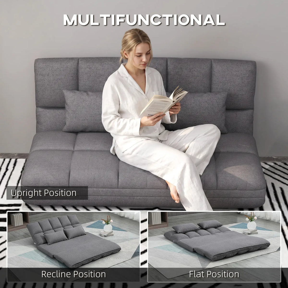 51" Folding Floor Sofa, 2-Seater Sleeper Bed, 9-Position Backrest, Grey 2-Seater Sofas at Gallery Canada