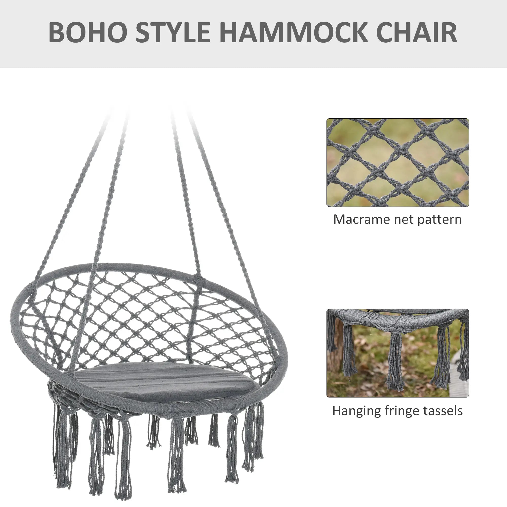 Hanging Rope Hammock Swing, Indoor Outdoor, Cotton-Polyester, Dark Grey Hammock Swings at Gallery Canada
