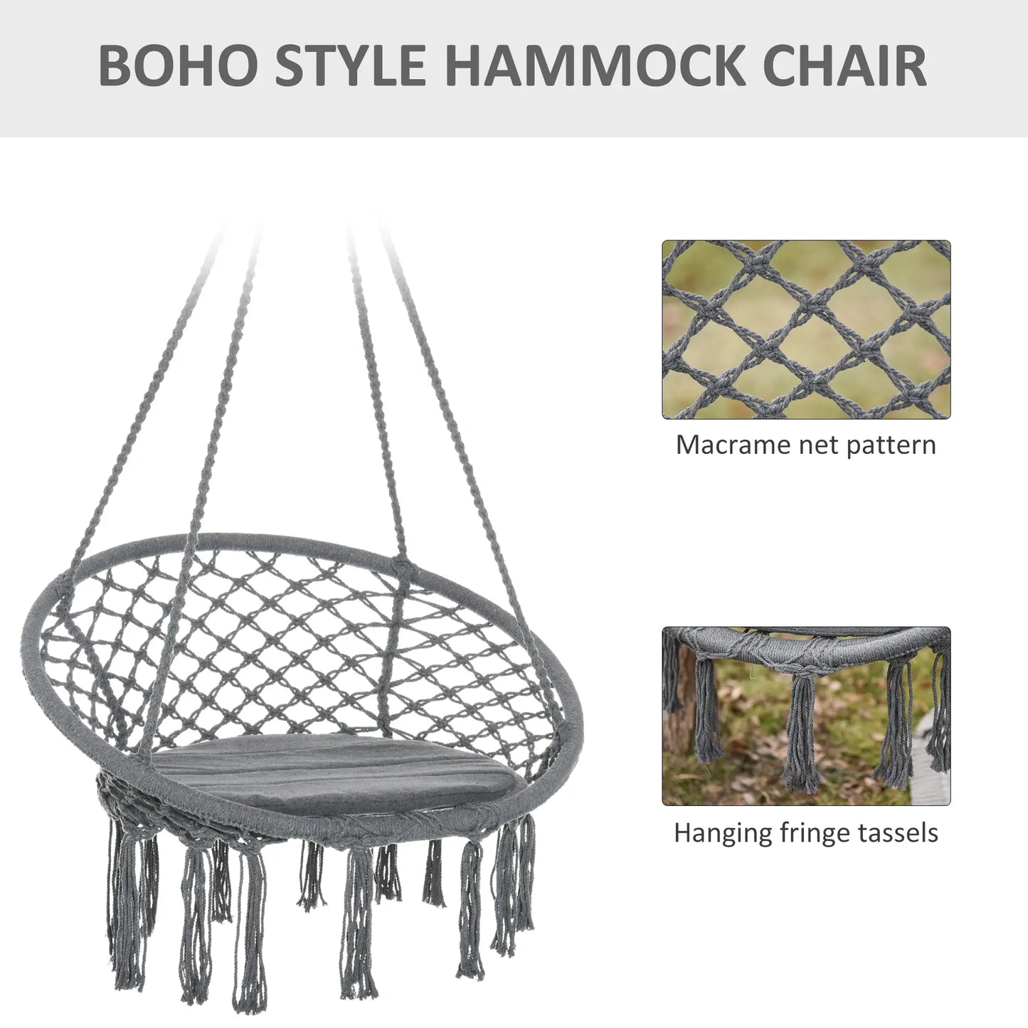 Hanging Rope Hammock Swing, Indoor Outdoor, Cotton-Polyester, Dark Grey Hammock Swings at Gallery Canada