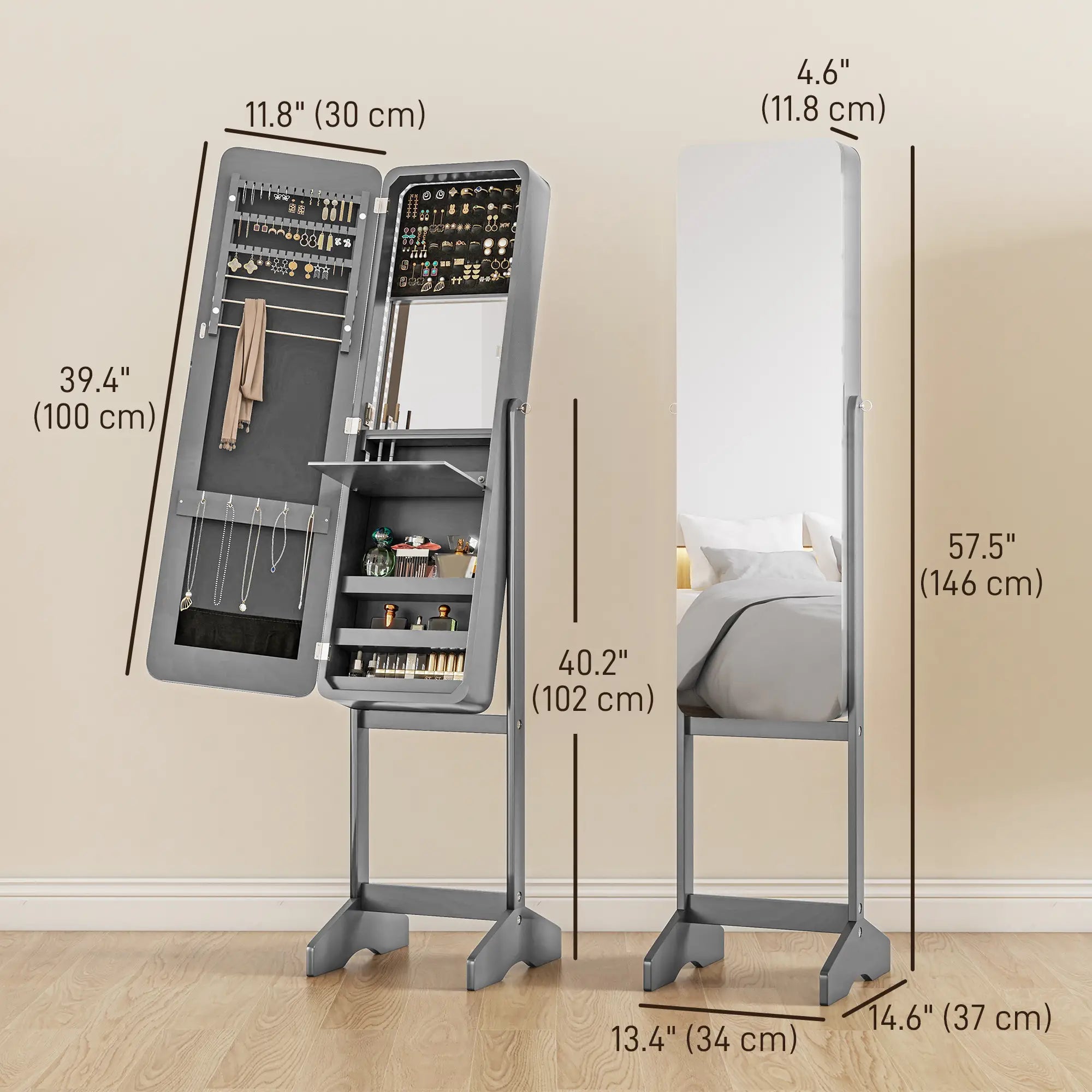 Standing Mirror Jewelry Cabinet, LED Lights, Angle Adjustable, Grey Jewelry Armoire & Jewellery Mirror Cabinets at Gallery Canada
