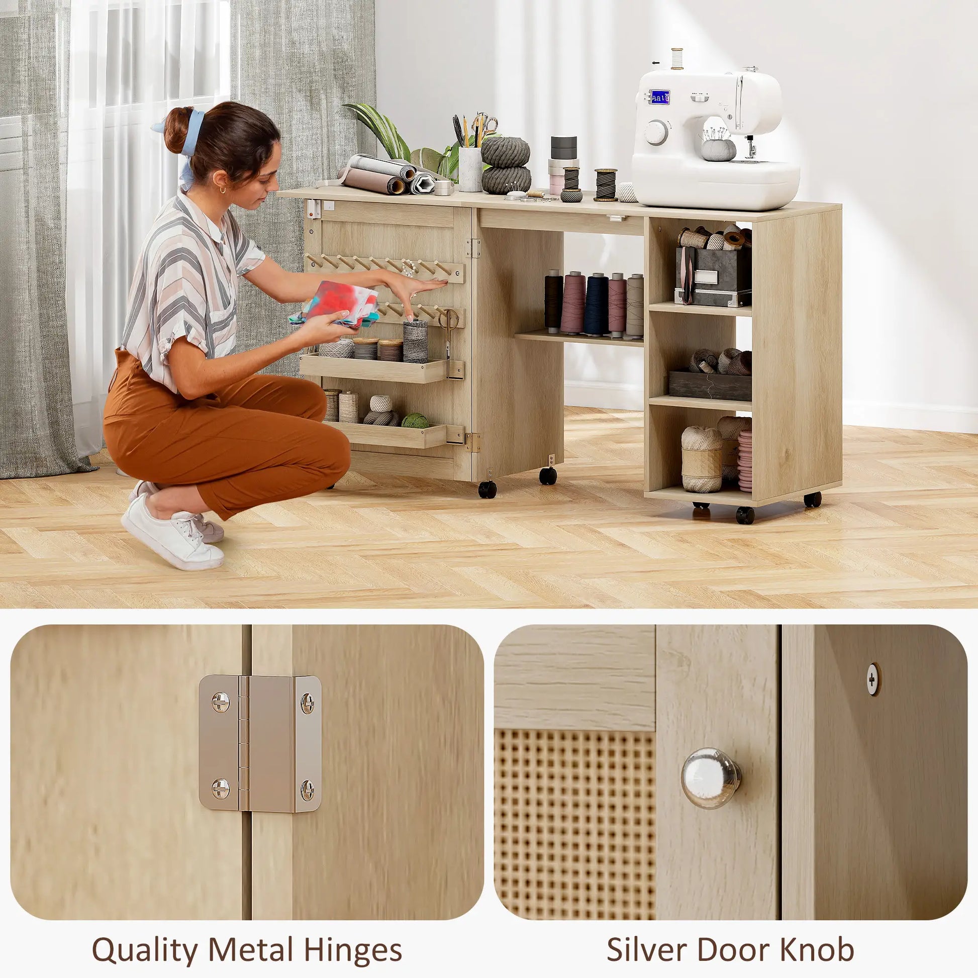 Sewing Machine Table with Drop Leaf, Rattan Door, Storage Shelves, Natural Storage Cabinets at Gallery Canada