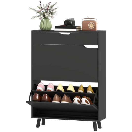 Narrow Shoe Cabinet, 2 Flip Drawers, Top Drawer, Adjustable Shelves, Black Shoe Storage Cabinets & Racks Black at Gallery Canada
