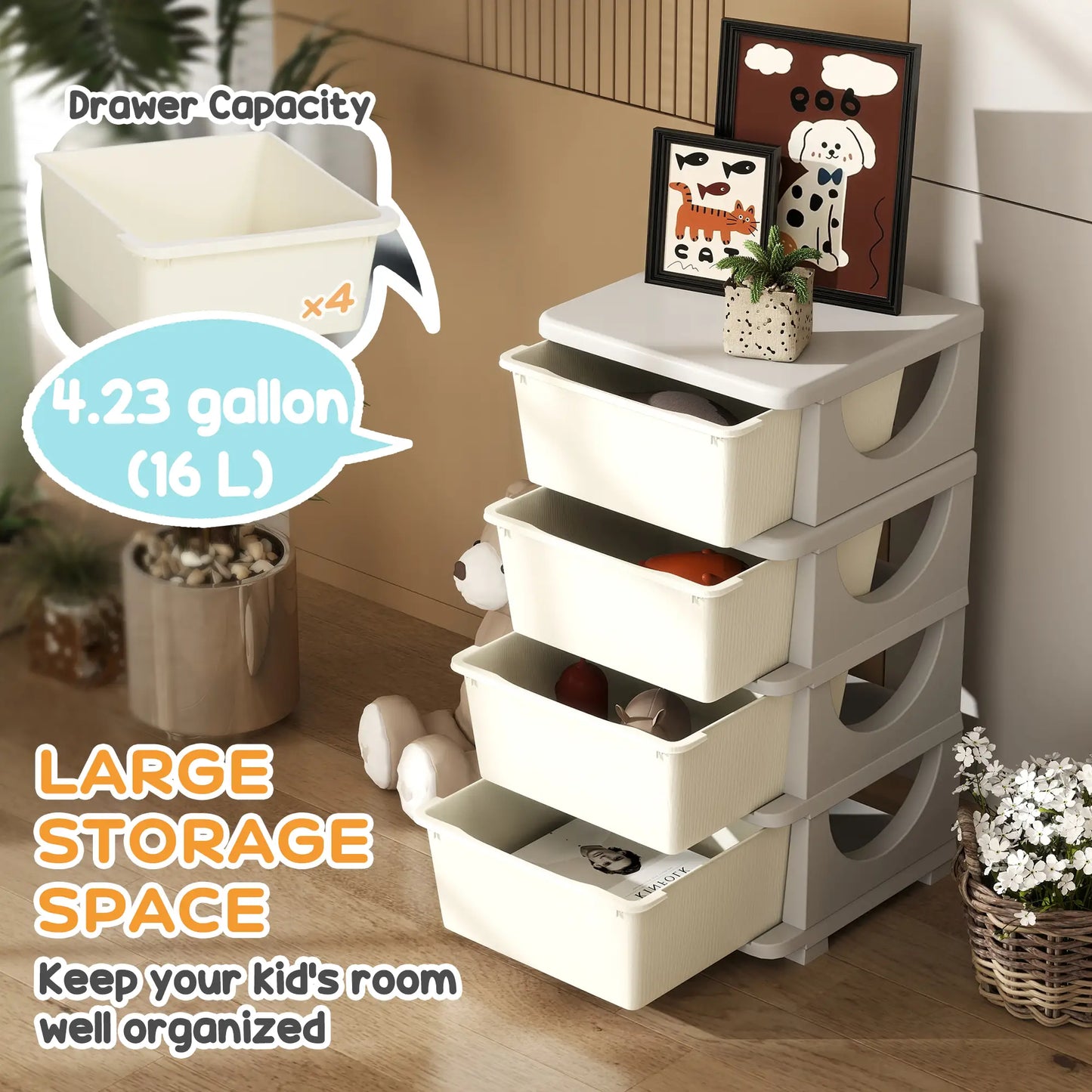 4 Tier Kids Toy Organizer, 4 Plastic Drawers, Cream White Baby & Kids Storage at Gallery Canada